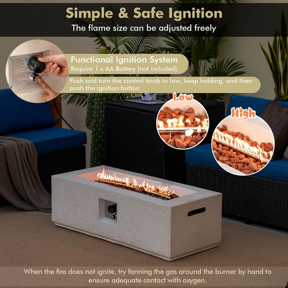 42" Terrazzo Fire Pit Table Rectangle Propane Fire Pit w/ PVC Cover White