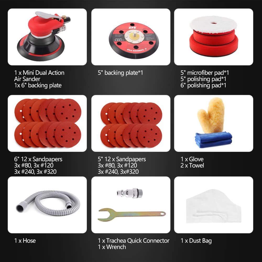 Random Orbital Sander 5" & 6" Pneumatic Palm Sander with Extra 5" Backing Pla...