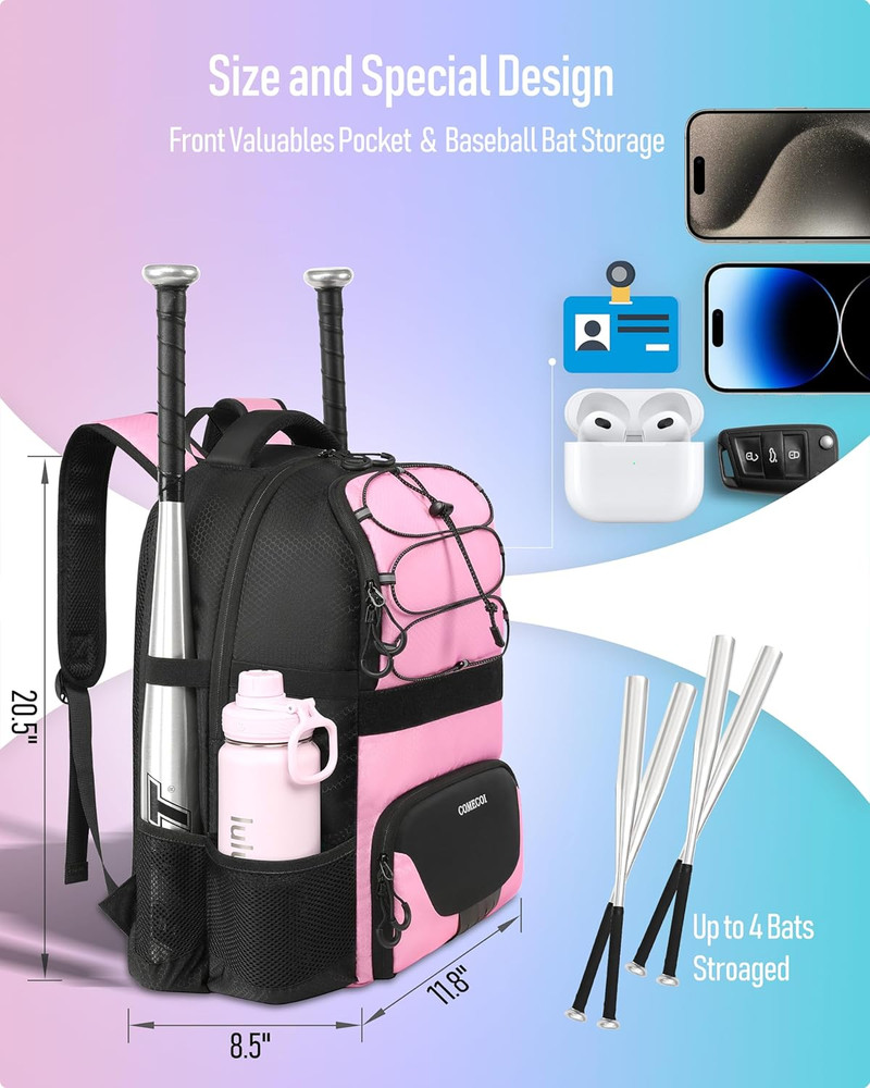 Softball Bag, Lightweight Baseball Backpack with Shoes Compartment, Baseball Bat
