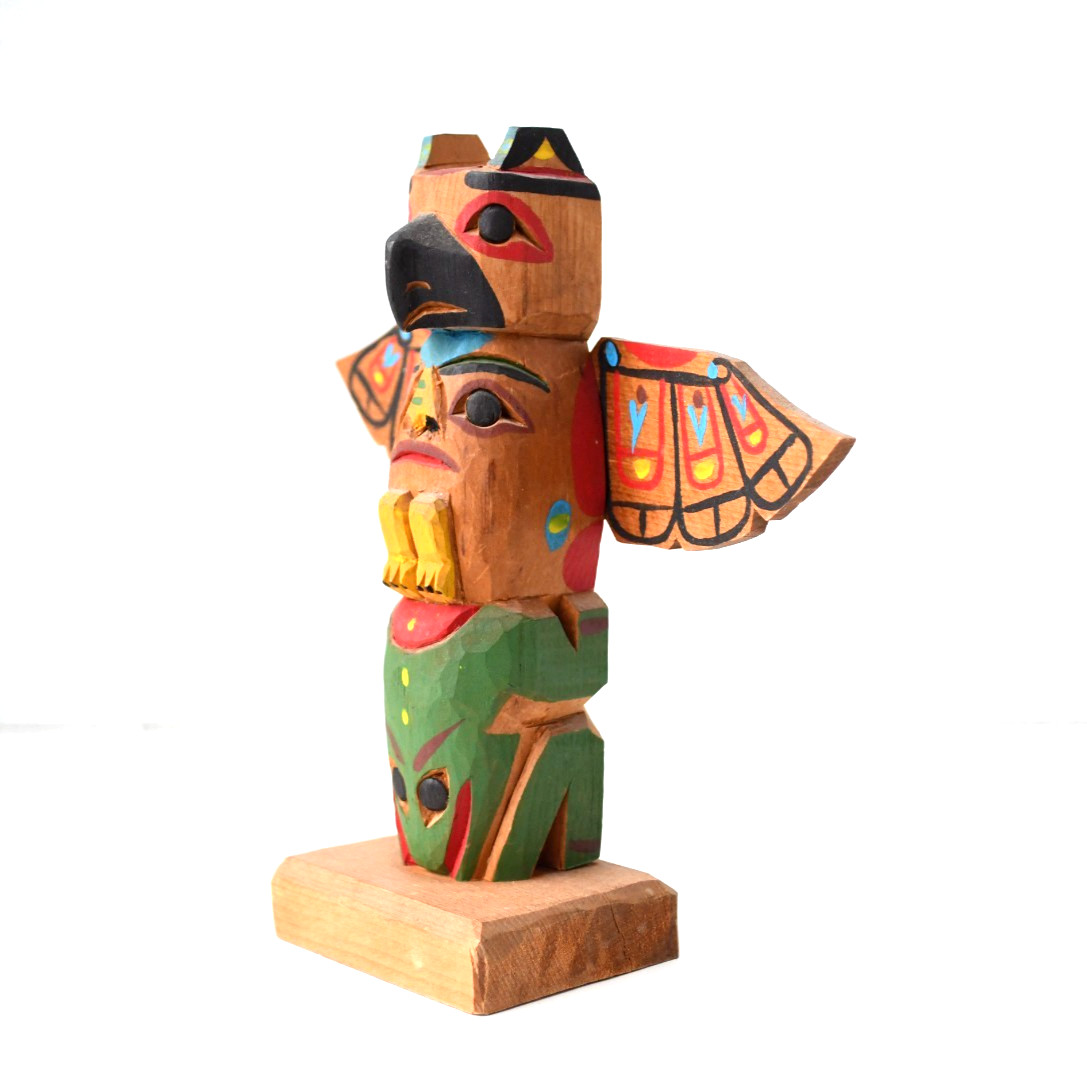 Vintage PWC Cedar Totem Pole Thunderbird Human and Frog 1970's Perfect 7x6.5