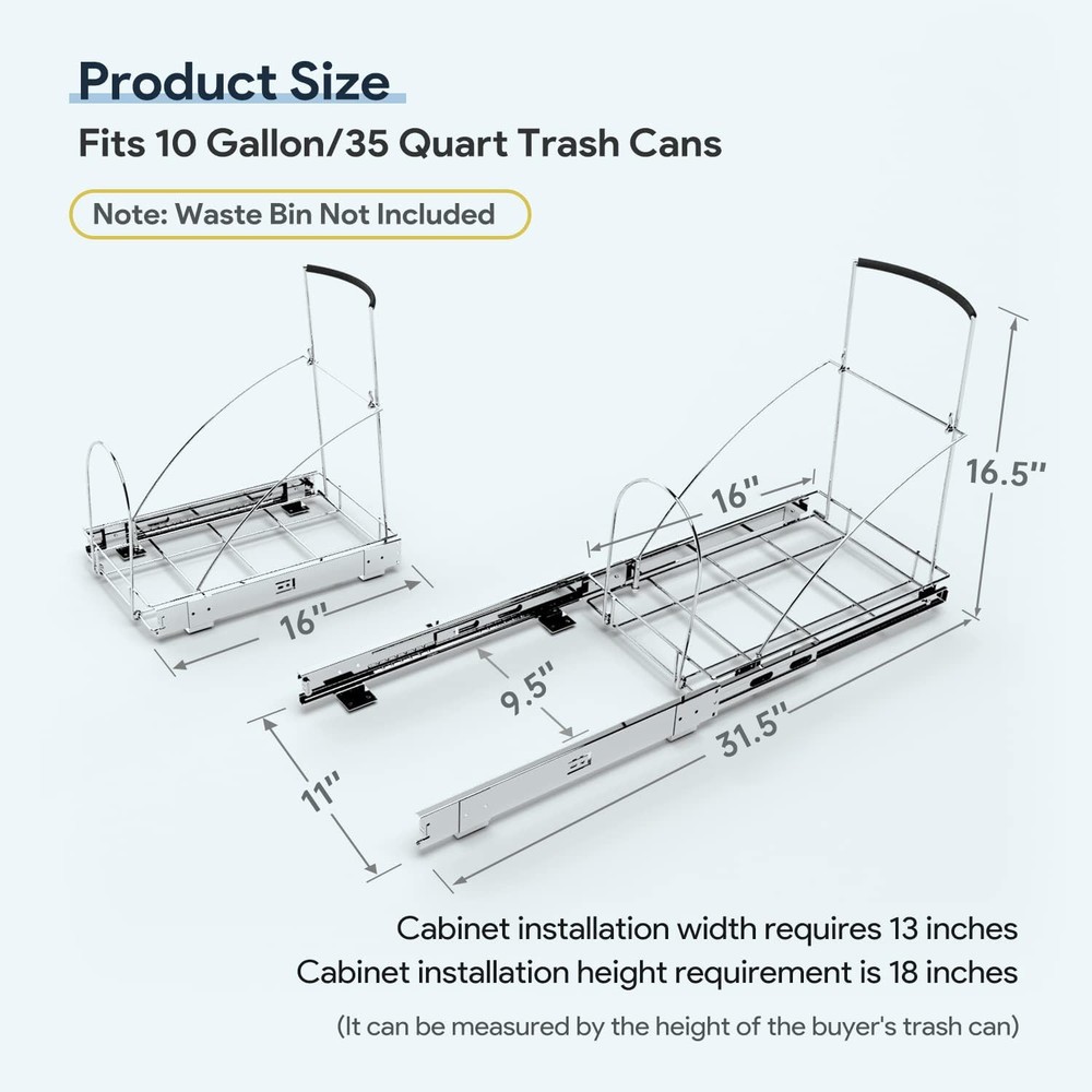 Tanamu Pull Out Trash Can Under Cabinet，Under Sink Slide Silvery, Silver