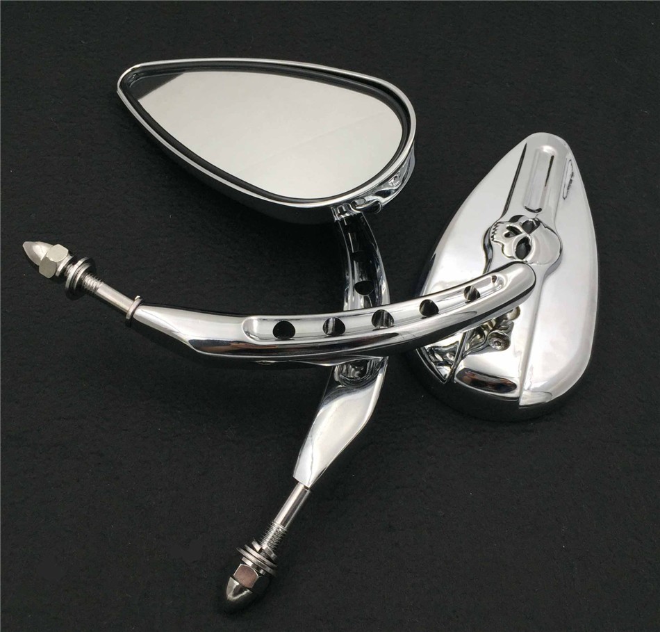 Chromed Skull Side Mirrors Raindrop Shape For Harley Davidson Dyna Super Glide T