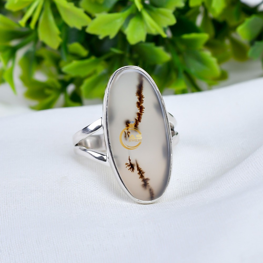 Scenic Dendritic Agate Ring 925 Sterling Silver Statement Boho Ring Gift for Her