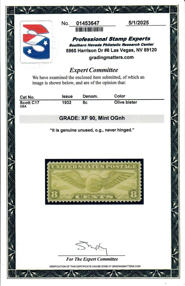 Scott C17 MNH Premium Example PSE Graded XF 90
