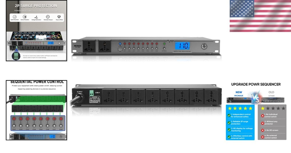Rack Mount Sequencer Surge Protector 2000W 10 Outlets--