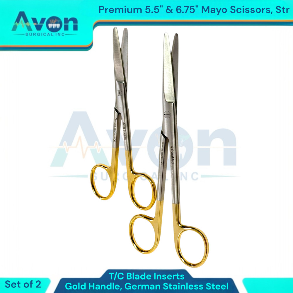2PCS Blunt Dissecting Mayo Scissors w/ Tungsten Carbide Inserts, STR, Veterinary