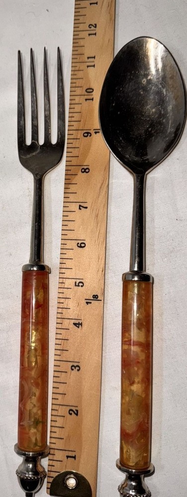 Vintage Serving Fork Spoon Set Marbled Resin Handles