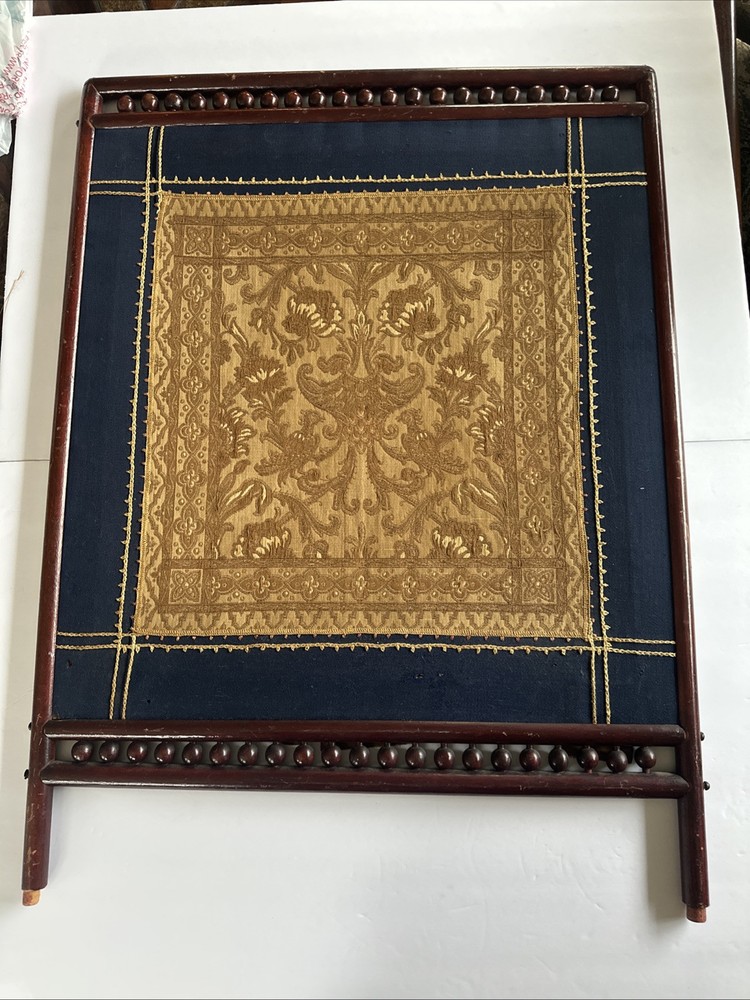 Antique Tapestry Fireplace Screen With Partial Wood Frame