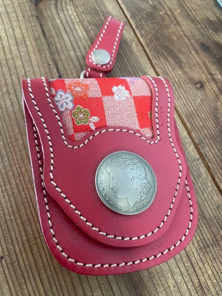 Leather Cigarette Case Red Japanese Pattern