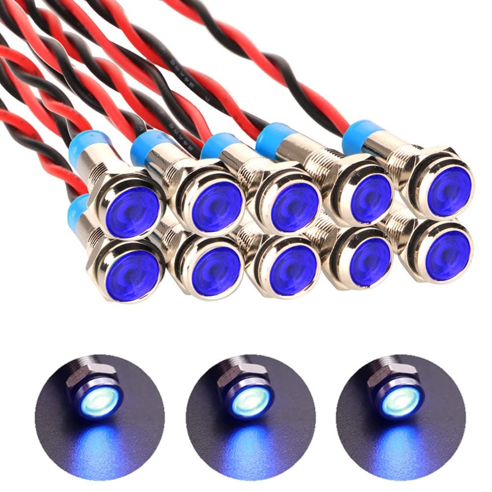 10 PCS 6mm Blue Waterproof Wired LED Indicator Light AC/DC 12-24V Panel Mount