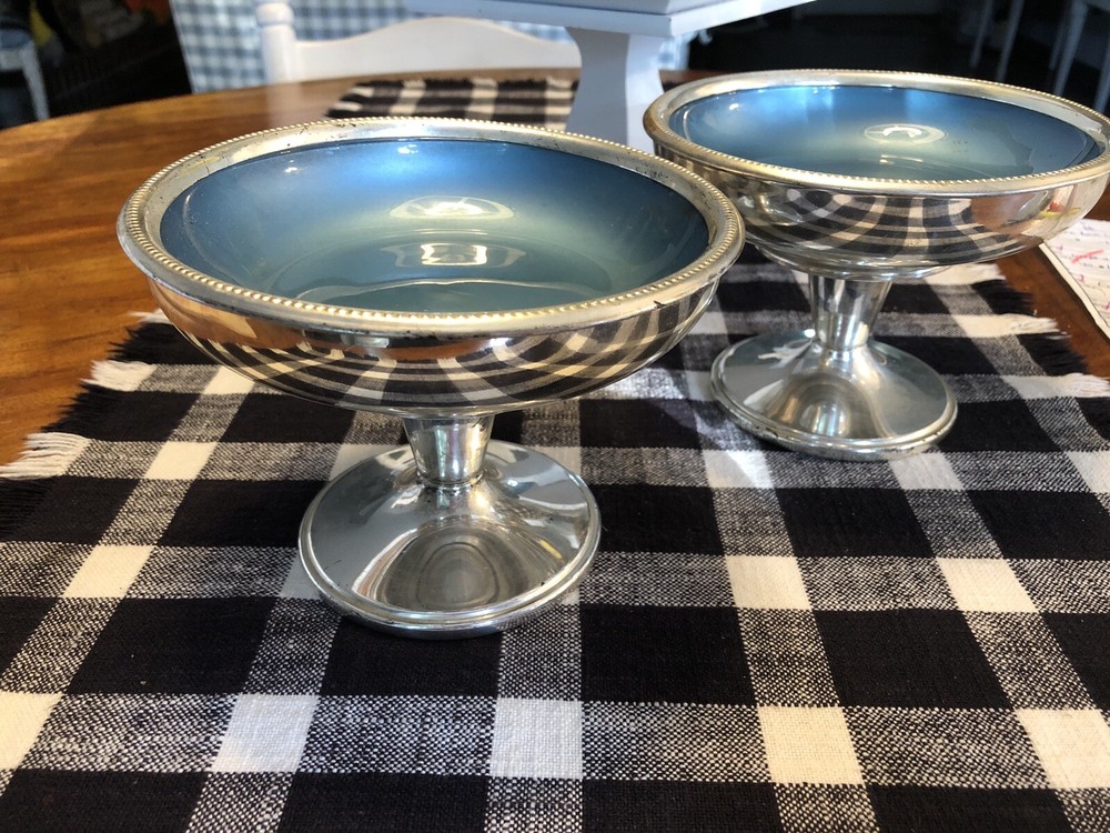 W S Blackinton Blue Enamel Lined silverplate compotes  Set Of 2 See Description