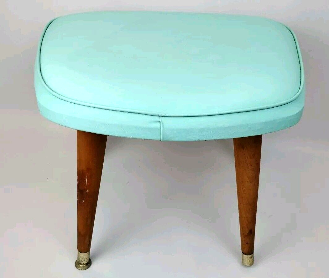 1963 Daystrom Atomic MCM Aqua Blue Vinyl Foot Stool 14" Tapered Peg Leg Gold Tip