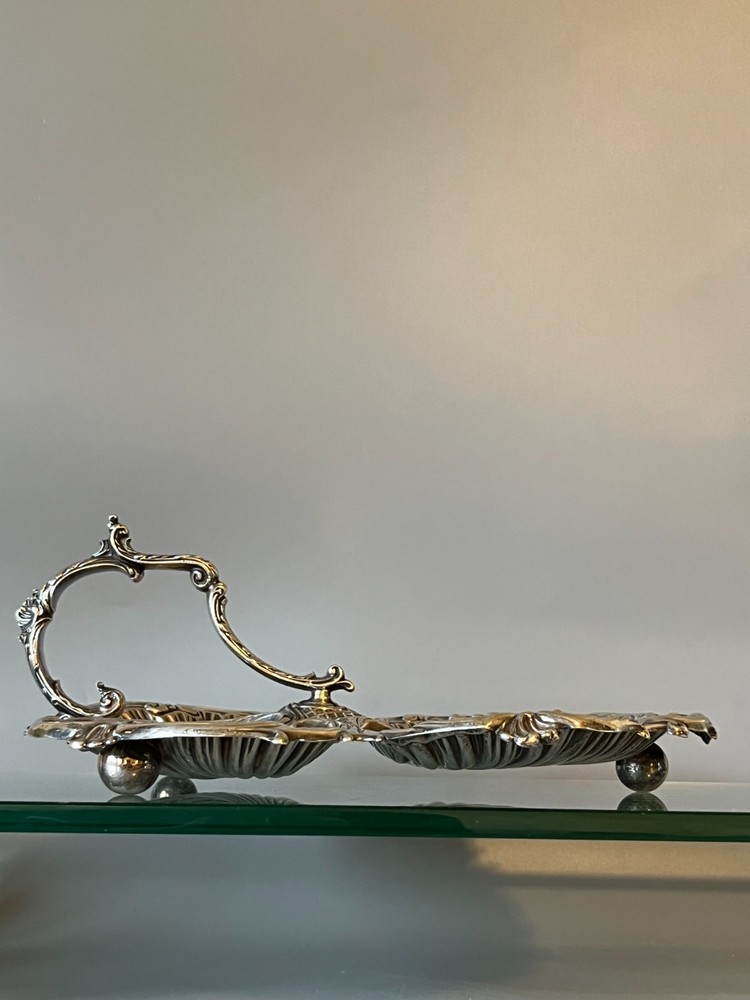 Antique Silver Plate Triple Shell Footed Serving Tray