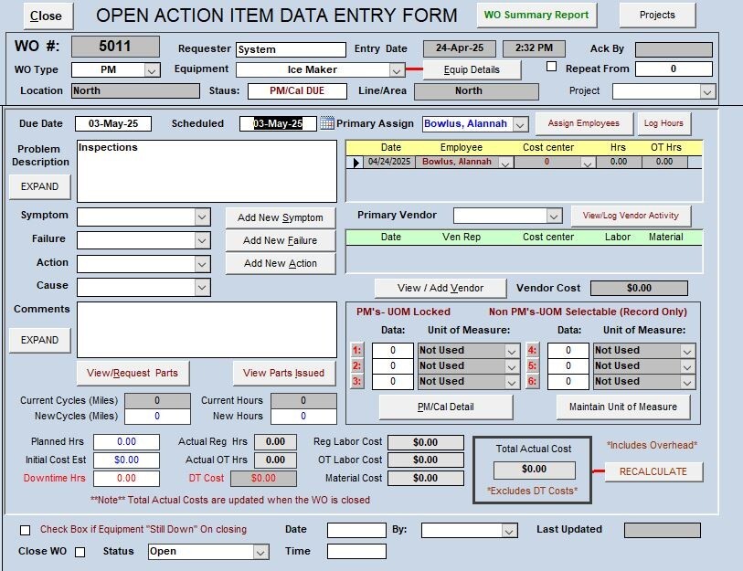 ZUD, MS Access CMMS app for Maintaining Equip, Inventory ,PM/Repair Work Orders