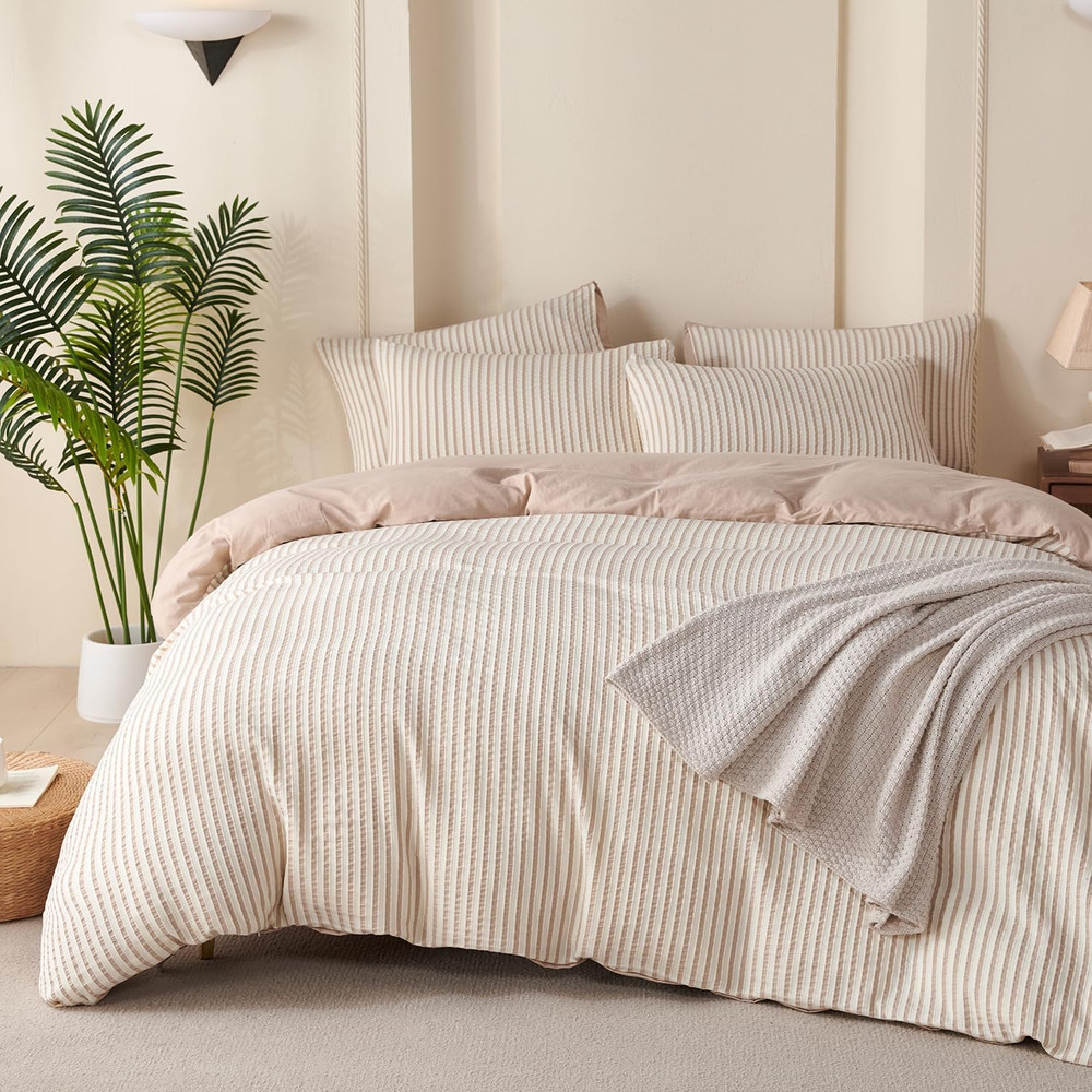 King Comforter Set Striped Beige 100% Soft Washed Microfiber Jacquard 3 Pieces K