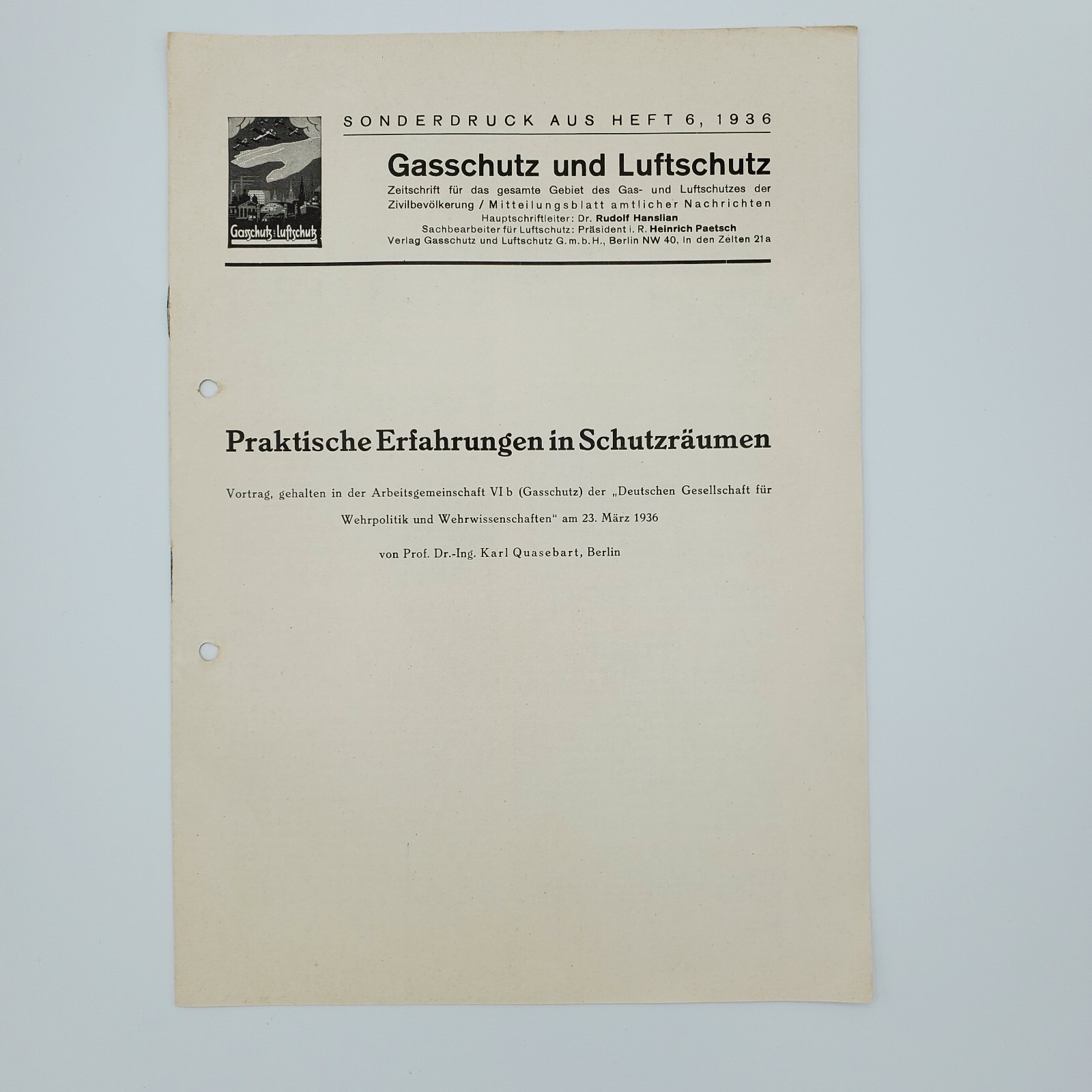 1936 German Luftschutz Gasschutz Air Raid Shelter Sonderdruck Quasebart WW2 Gas