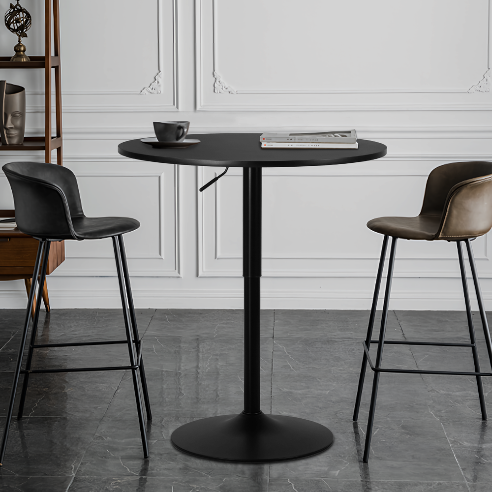 Black Wooden Round Pub Bar Table Adjustable Height Tabletop Chrome Base Kitchen