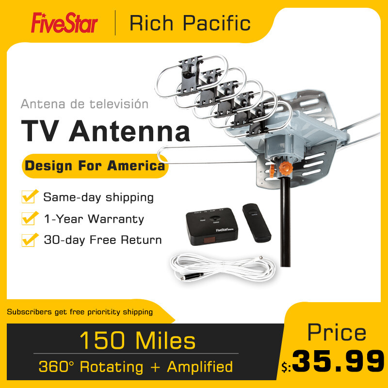 990 Mile Outdoor TV Antenna Motorized Amplified HDTV 1080P 4K 36dB 360° Rotation