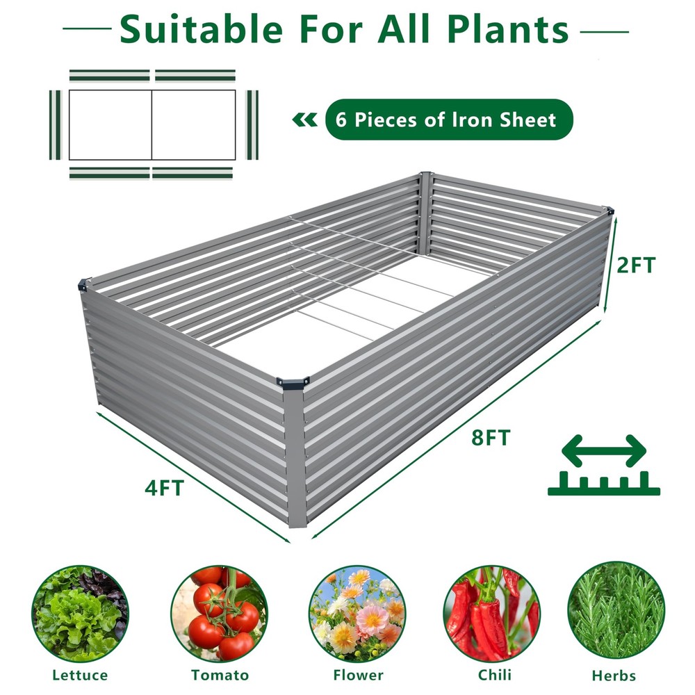 8x4x2FT Galvanized Raised Garden Bed Kit,Vegetable Plant Boxes-Rectangle Meta...