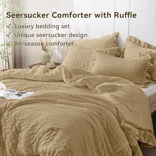 Comforter Set, 3 Pieces Seersucker Comforters Size, Lightweight & King Beige
