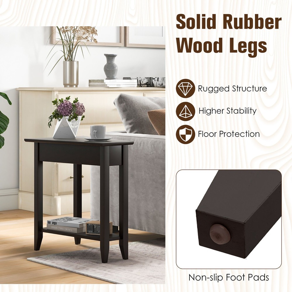 2-Tier End Table Irregular Narrow Sofa Side Nightstand w/ Storage Shelf Espresso