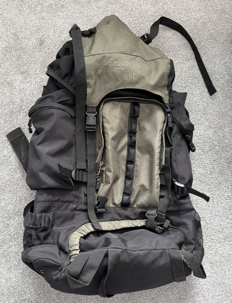 Amazon Hiking Backpack Camping Internal Frame with Rainfly Basics Green 65 L