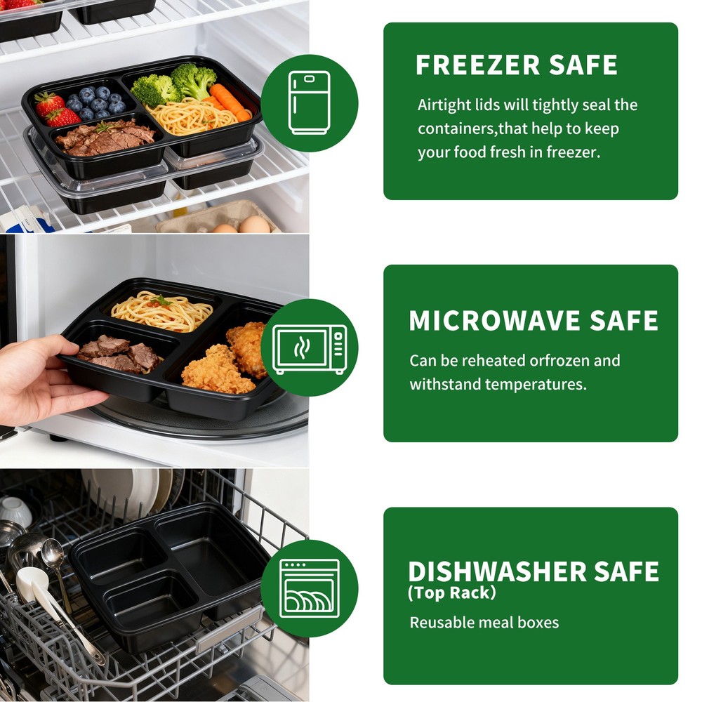 50Packs 39oz 3-Compartment Containers Leakproof Stackable Takeout/Picnic