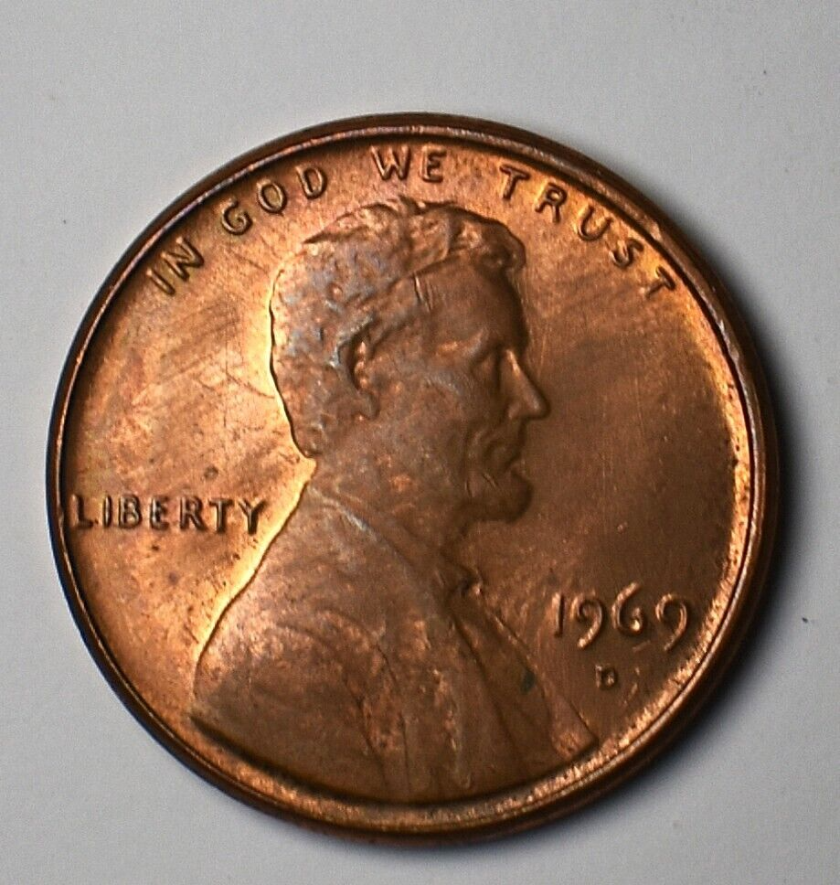 1969 D Lincoln Memorial Cent Error Stike Through High Mint State Red