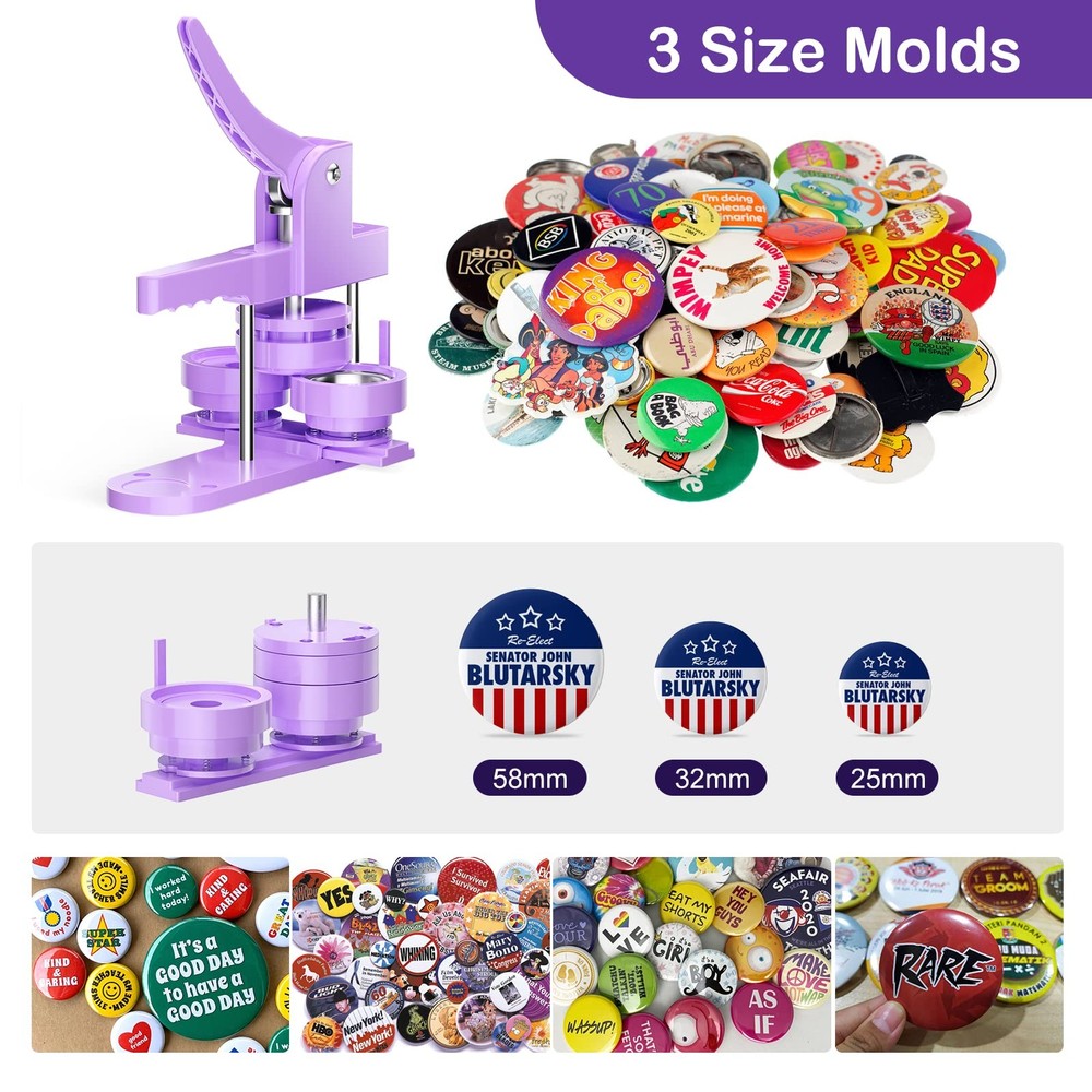 300pcs Button Pin Maker Machine Multiple Sizes 25mm+32mm+58mm, Purple