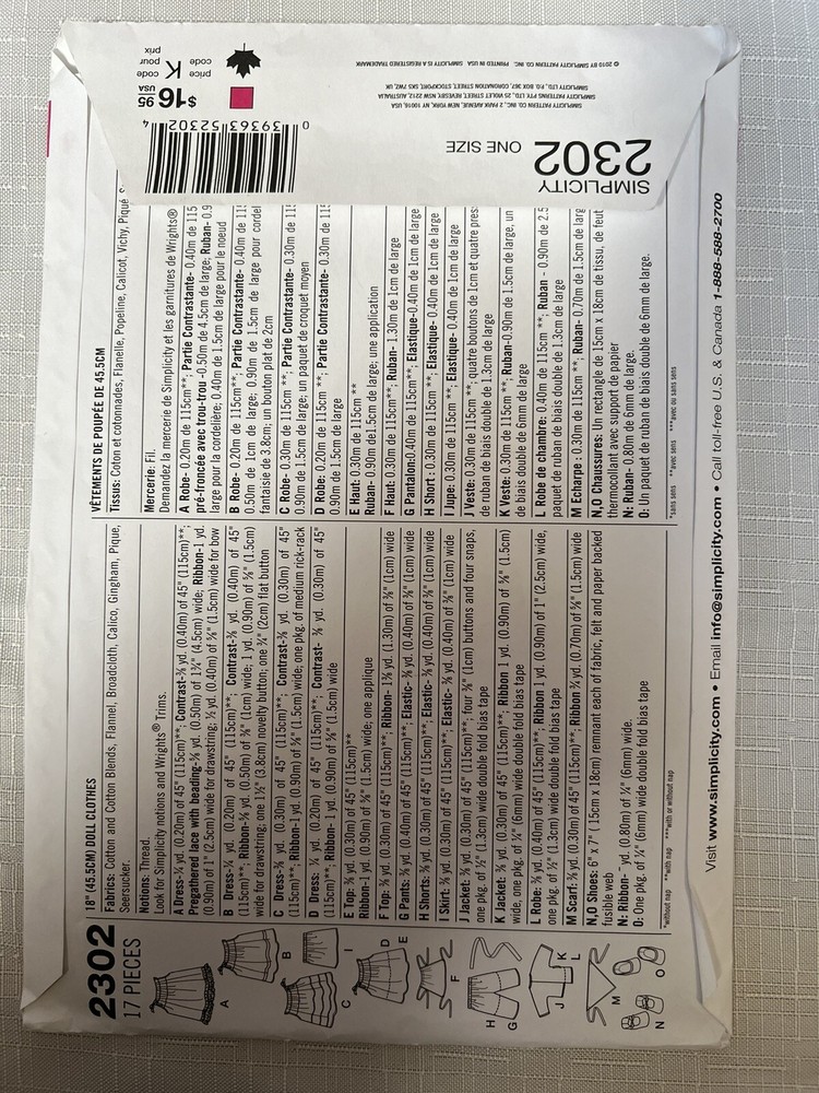 NEW* Simplicity # 2302 Sewing Patterns/ 18” Doll Clothes Patterns