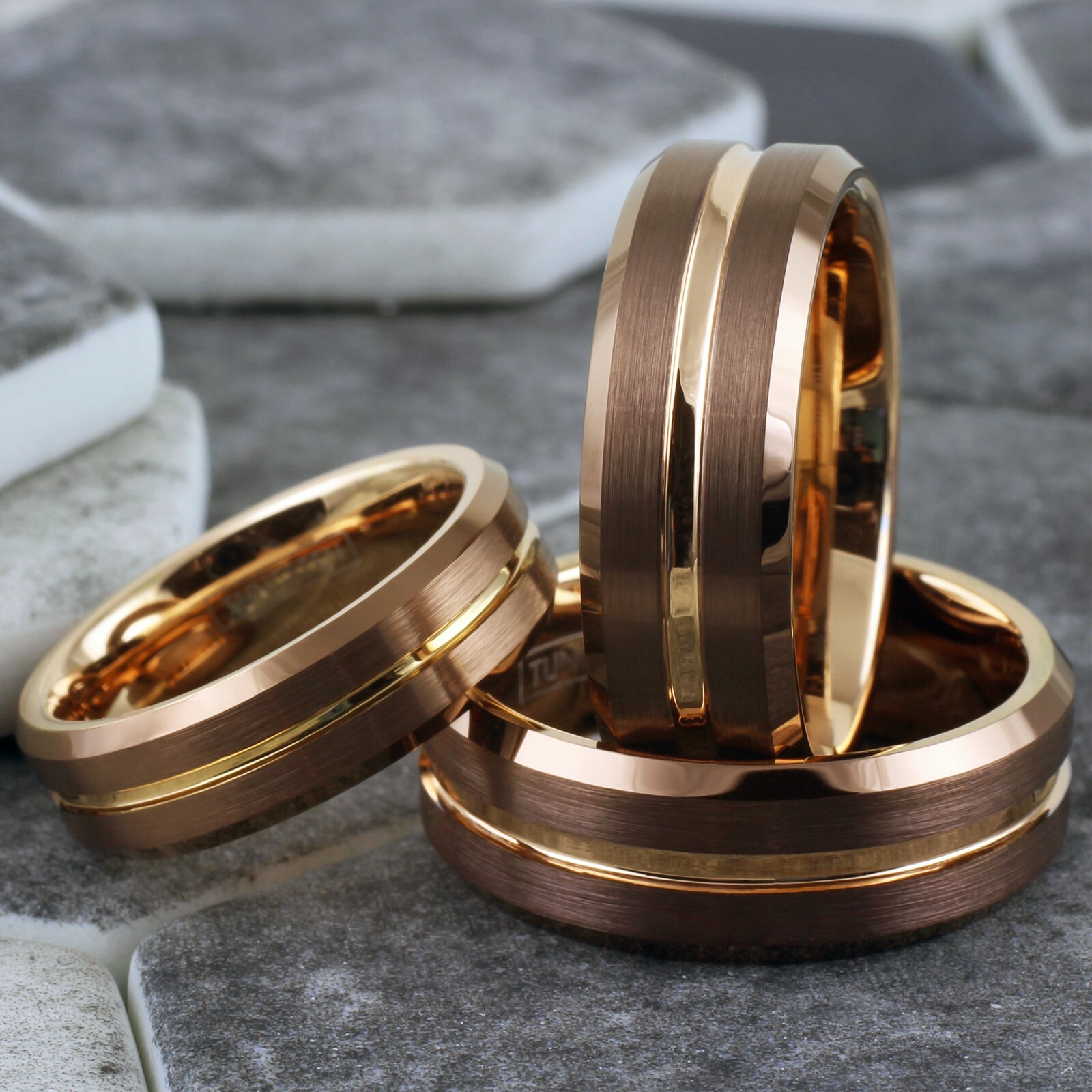 Bronze-Brown Tungsten Carbide Men's Ring Rose Gold Plated Stripe Wedding Band