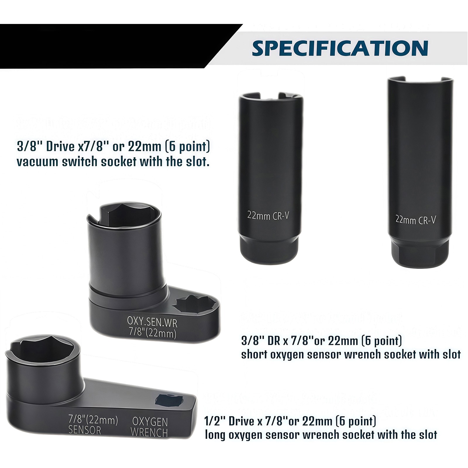 7pcs O2 Oxygen Sensor Socket Wrench Removal Tool 3/8" 1/2" Drive x 7/8" 22mm Set