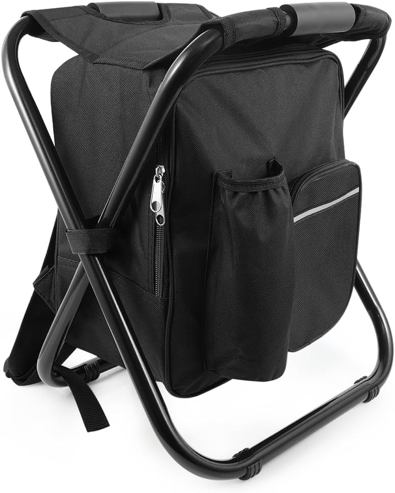 Portable Folding Backpack Stool with Cooler Compartment, Black