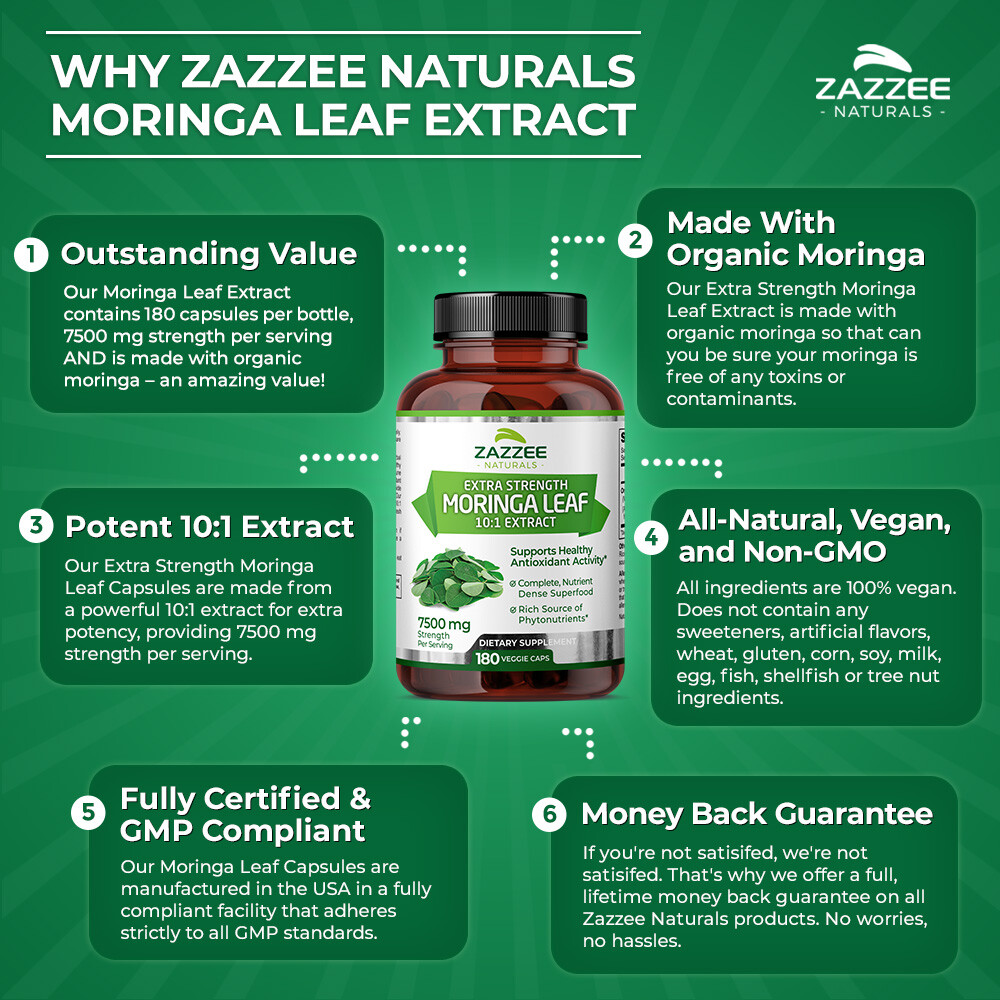 Zazzee Organic Moringa Extract 180 Capsules 7500 mg Strength 10:1 Antioxidant