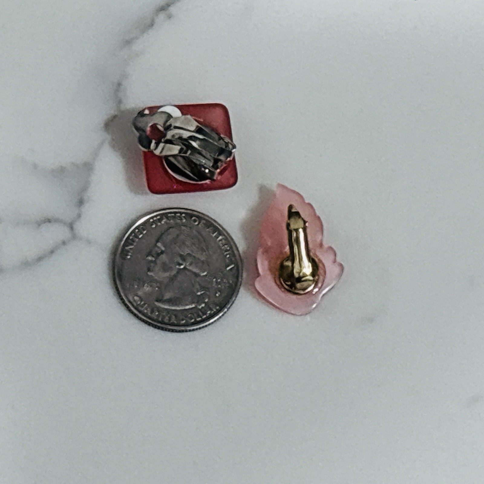 Vintage Clip On Earrings Frosted Lucite Rhinestone Thermoset Pink MCM Lot of 2