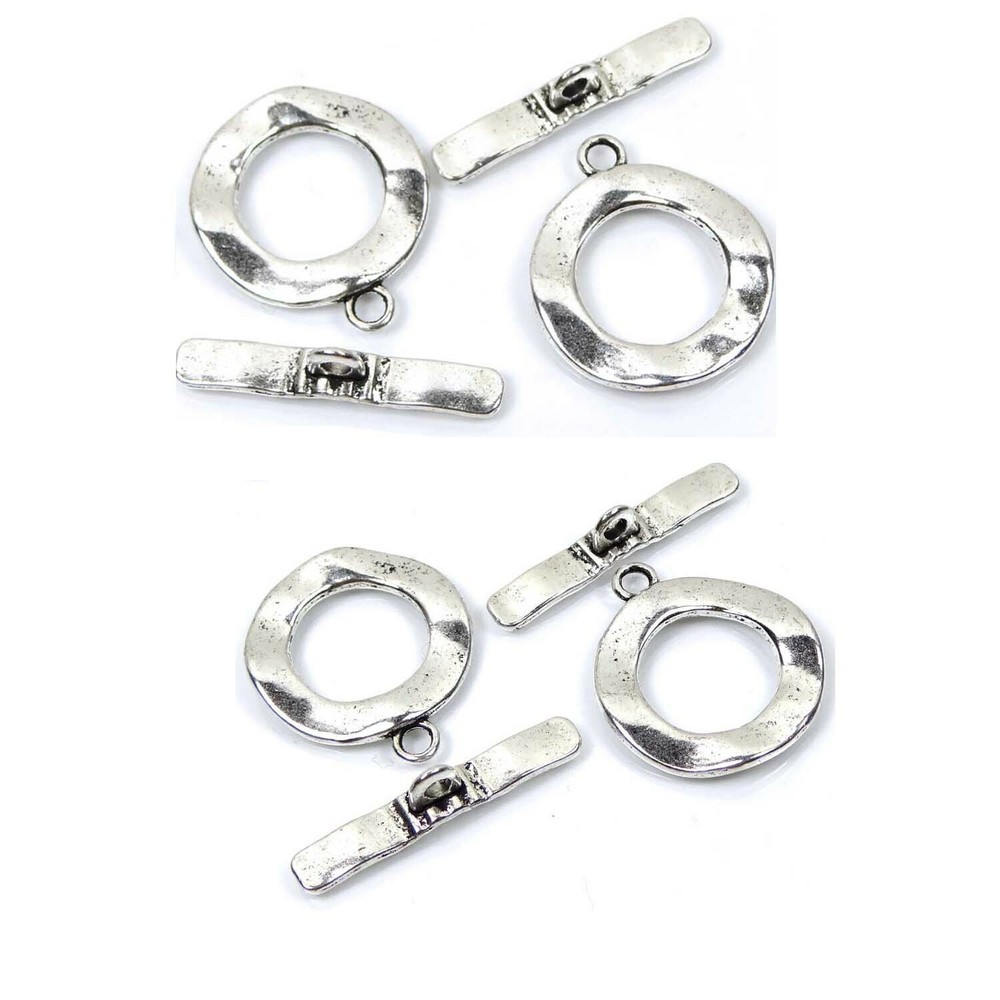 4 Sets Hammered Wavy Antique Silver Pewter Disc Toggle