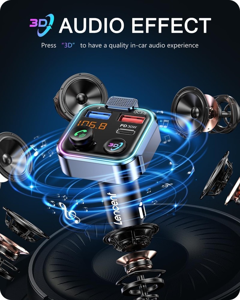 Car Audio Receiver: Bluetooth 5.3 FM Transmitter with PD 30W/QC 18W Fast Charger