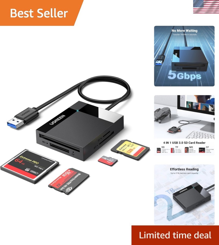 SD Card Reader USB 3.0 Card Hub Adapter 5Gbps Read 4 Cards Simultaneously CF,...