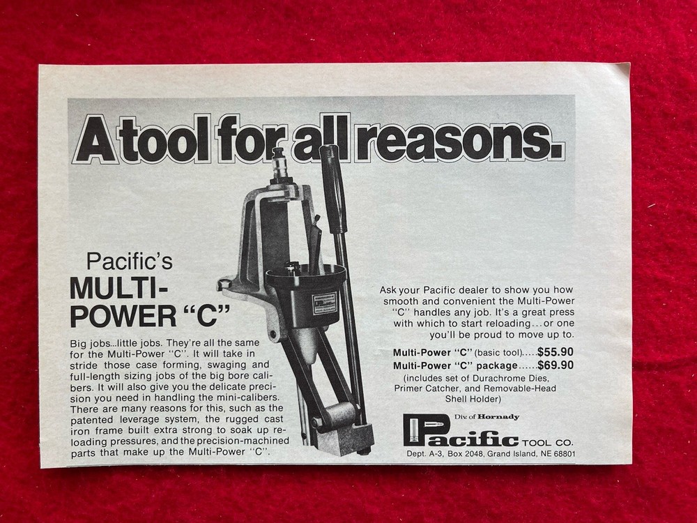 Vintage 1975 Print Ad Multi Power C Pacific Ammunition Reloading Tool