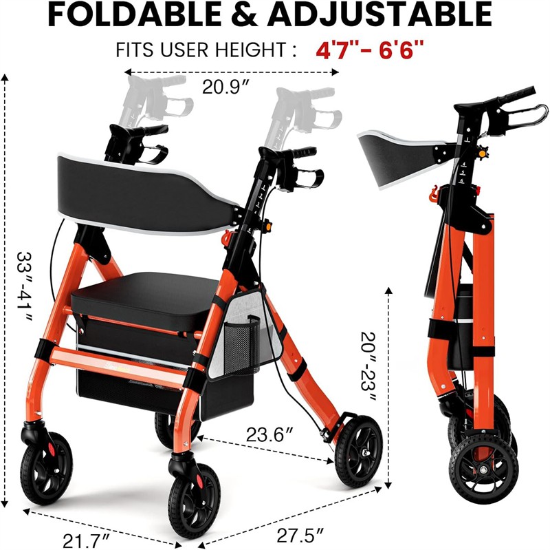 Foldable Rollator Walkers with Seat Adjustable Height Aluminum Rolling Walker