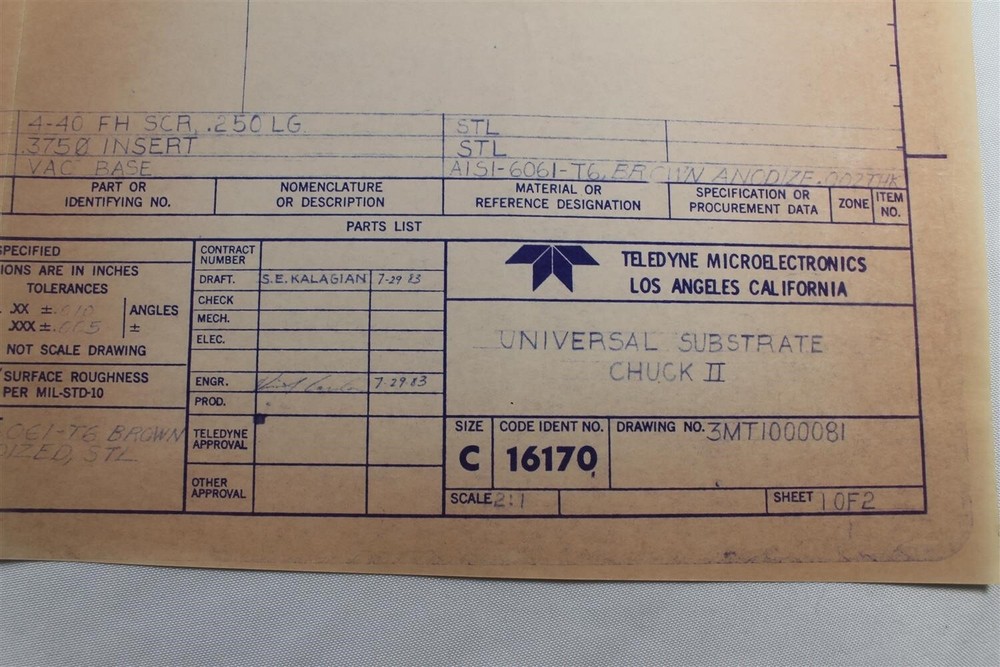 Teledyne Microelectronics Universal Substrate Chuck II 1983 Blueprint 2 Sheets