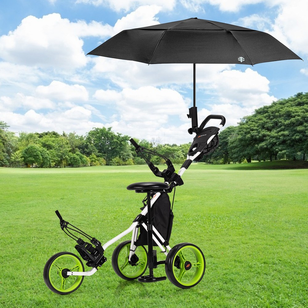 3-Wheel Foldable Golf Push Pull Cart Trolley w/ Seat Adjustable Handle Green