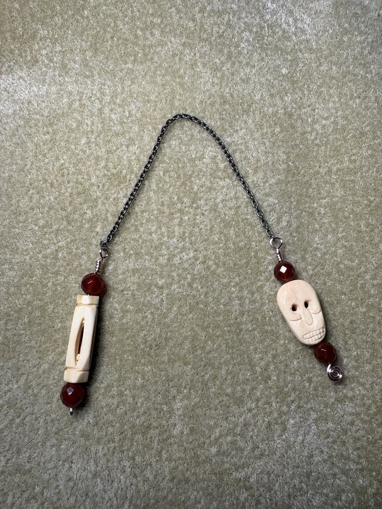 Skull Pendulum Bone Carnelian Copper Wire Wrapped Divination Tool