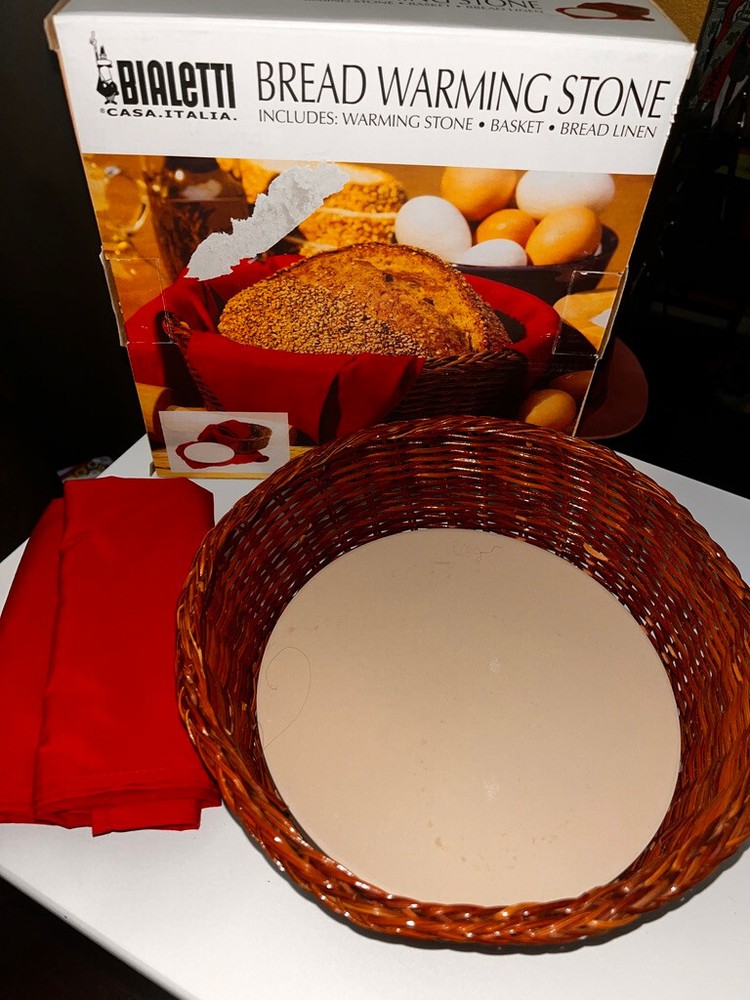 Bialetti Bread Warming Stone With Wicker Basket and Red Bread Linen