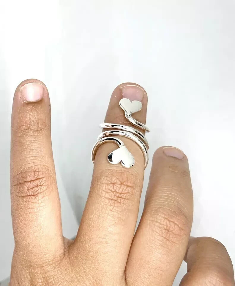 Solid 925 Sterling Silver Two Heart Mallet Finger Ring Splint Ring All Size DJ