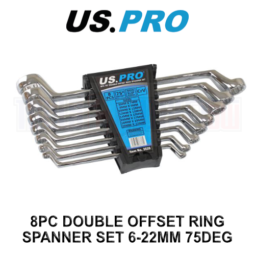 US PRO Tools 8 Piece Double Offset Ring Spanner Wrench Set 6-22MM 75DEG 3529