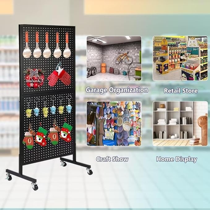 2'x5' Standing Pegboard Display with T-Base & Wheels, Extra 10 Hooks - Blac