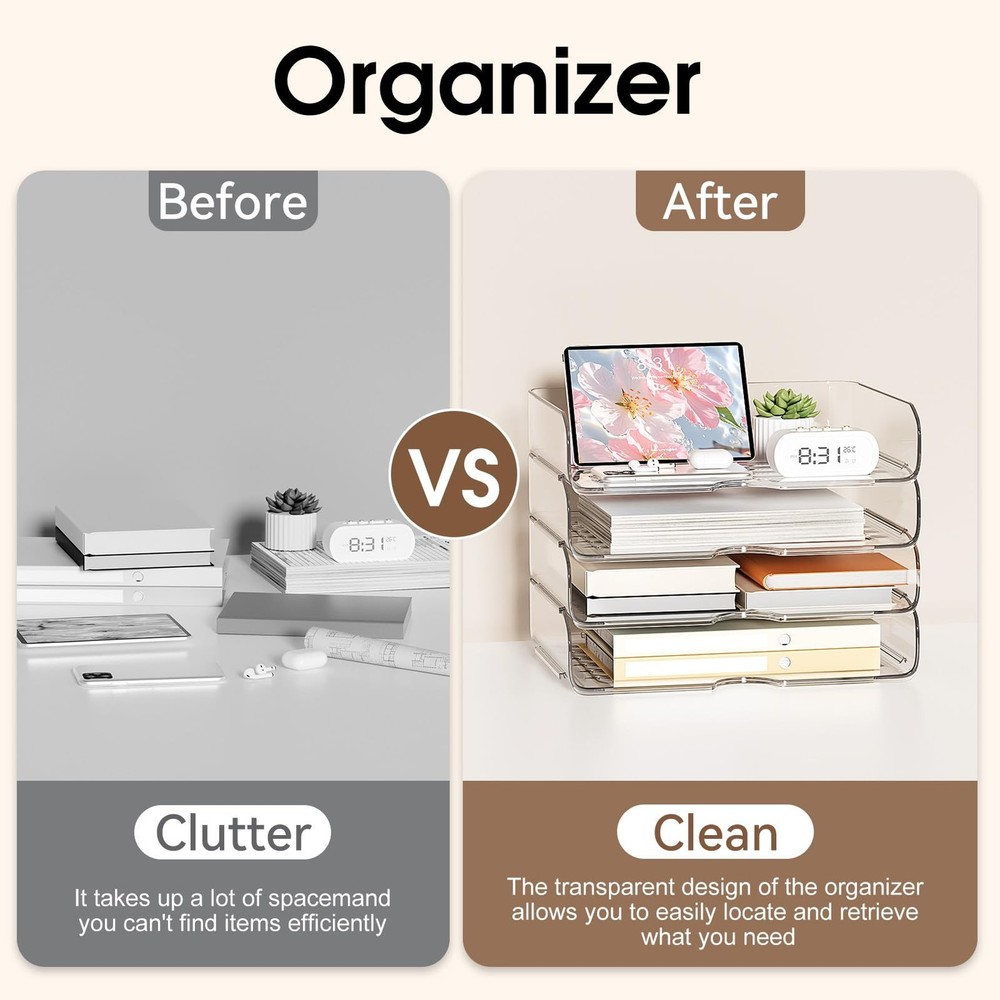 4-Tier Large-Capacity Organizer, Clear Stackable Desk Organizer & Acrylic Tra...