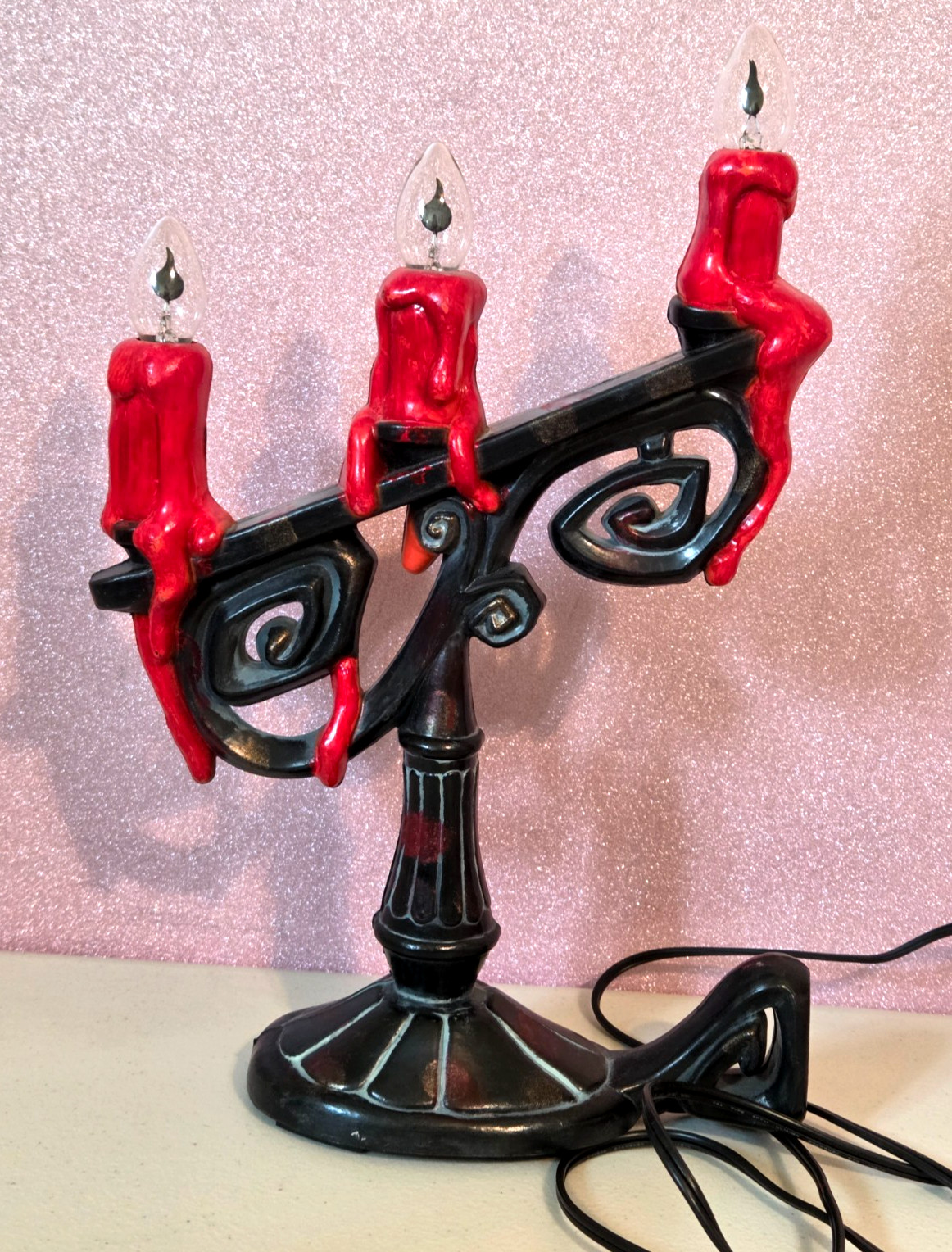 Vintage Gemmy Halloween Flicker Flame CANDELABRA Red Candles WORKS 13"