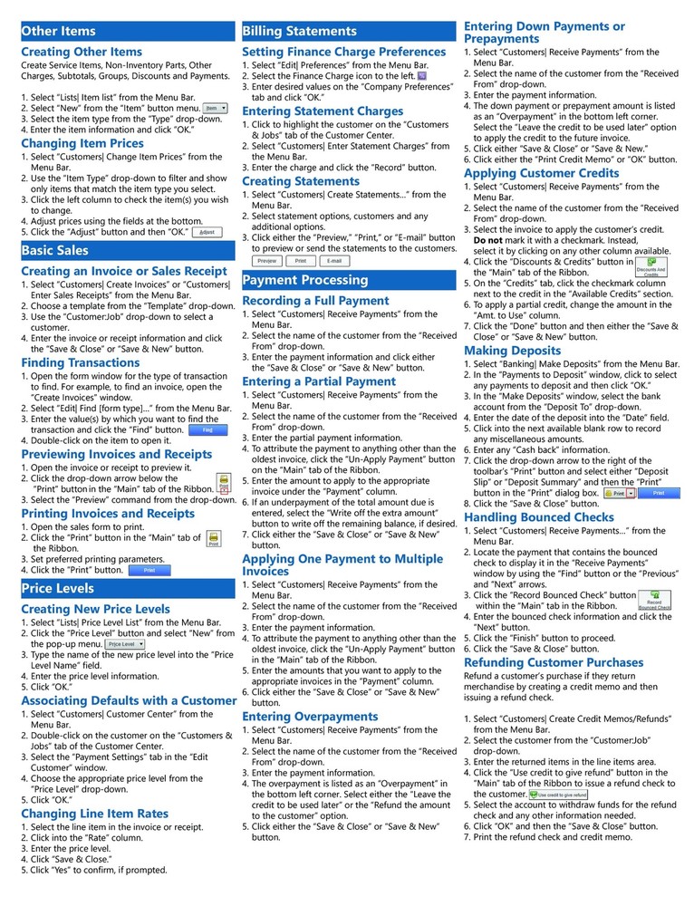 QuickBooks Pro 2023 Training Guide Quick Reference Card 4 Page Cheat Sheet